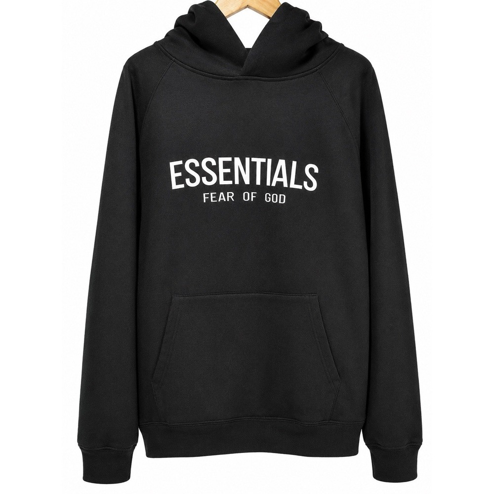 Fear of God Essentials Hoodie Black Logo Pullover Sweatshirt Men's 2XL Oversized